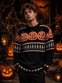 Men's Halloween Classic Color Block Pumpkin & Skull Pattern Long Sleeve Crew Neck Pullover Sweater - Multicolor - View 1