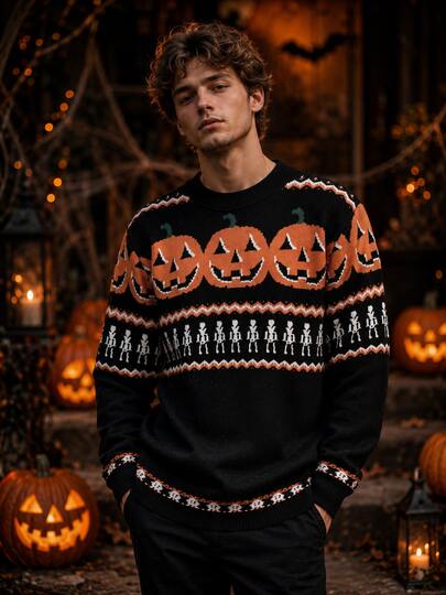 Men's Halloween Classic Color Block Pumpkin & Skull Pattern Long Sleeve Crew Neck Pullover Sweater