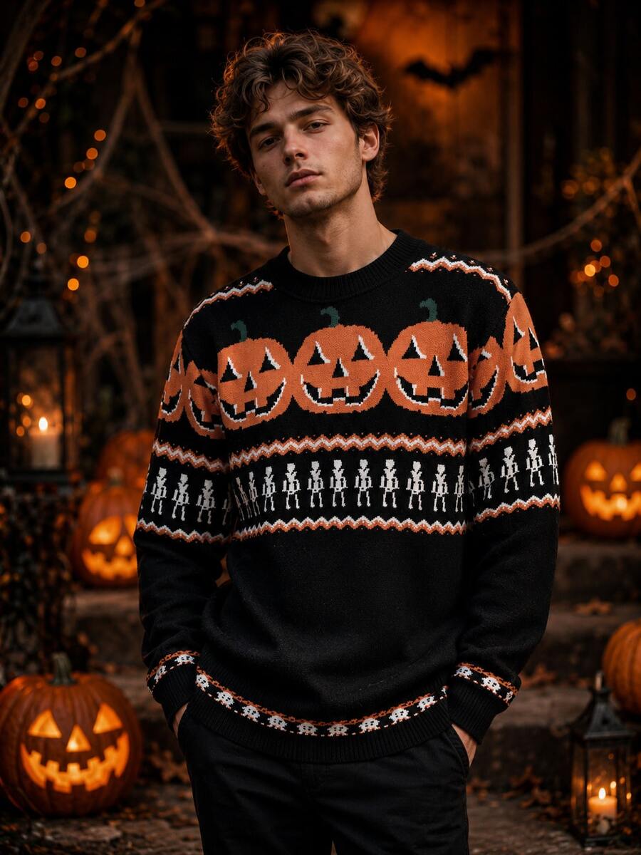 Men's Halloween Classic Color Block Pumpkin & Skull Pattern Long Sleeve Crew Neck Pullover Sweater - Multicolor - View 1