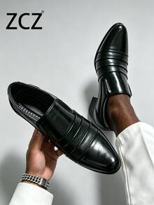ZCZ 男士正式鞋，黑色商務休閒鞋，極簡主義一腳蹬楔跟尖頭正式鞋，僧侶鞋，派對正裝鞋，高跟正式商務時尚百褶男鞋，四季皆宜，適合正式商務與休閒穿搭 - 黑色 - 查看 7