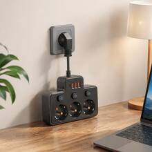 歐標壁掛式電源插座，3個AC插孔、3個USB接口與1個Type C接口，2500W，開關控制，黑色/白色，短線柔性設計，防彎折，適用於各種複雜狹小環境，單大間距防止纏繞 - 查看 4