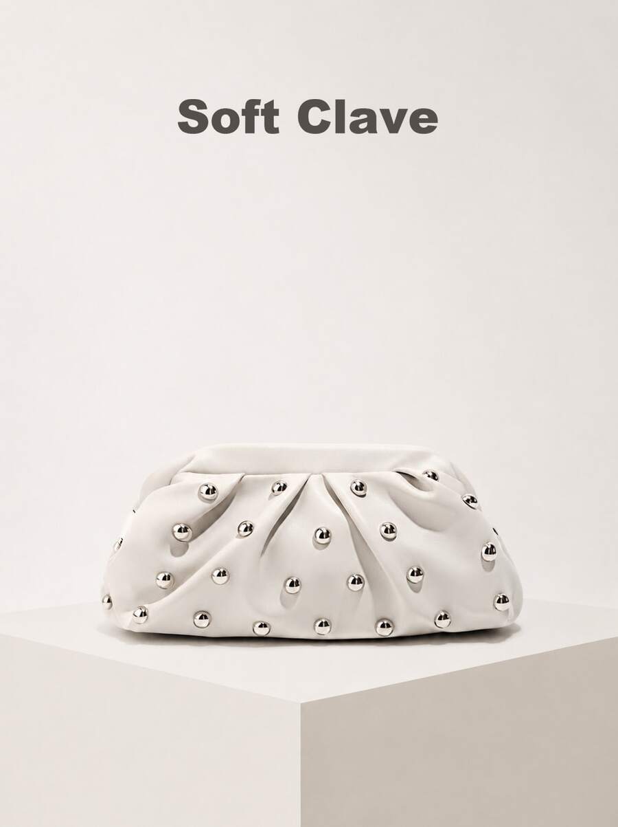 Vintage-Style Pleated Clutch With Rivet Decoration, Ruffled, Cloud-Patterned Beach Bag For Women, Fashionable Clutch Handbag With Chain Strap - 白色 - 查看 1