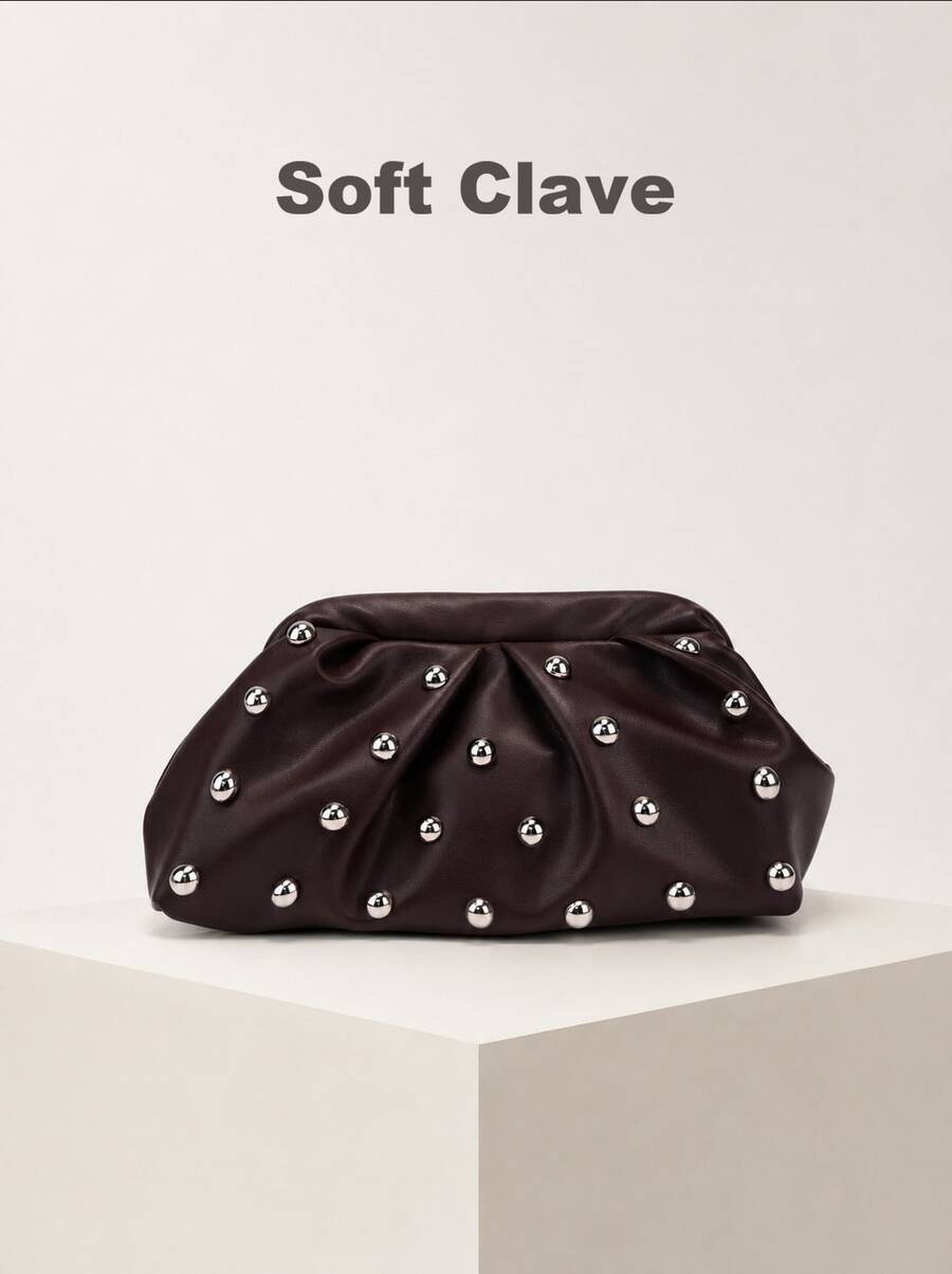 Vintage-Style Pleated Clutch With Rivet Decoration, Ruffled, Cloud-Patterned Beach Bag For Women, Fashionable Clutch Handbag With Chain Strap - 咖啡 - 查看 1