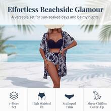 Nuevo conjunto de traje de baño de 3 piezas de estilo vacacional para mujer, con chaqueta de malla de cintura alta con estampado de hoja de arce, bikini triangular y prendas de vestir que estilizan la figura - Azul - Ver 9