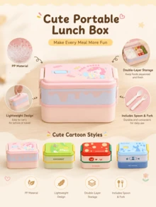 Cute Cartoon Double-Layer PP Portable Lunch Box, Patterns Include Unicorn, Dinosaur And Seal; Perfect For School, Picnic, Outing And Holiday Use. - Multicolor - View 4