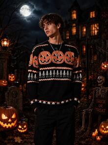 Men's Halloween Classic Color Block Pumpkin & Skull Pattern Long Sleeve Crew Neck Pullover Sweater - Multicolor - View 2