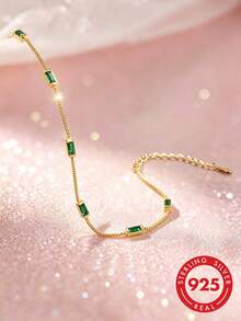 1pc S925 Sterling Silver Minimalist Ins Cold Style Elegant Green Geometric Square Diamond Bracelet, Fashionable Luxury Niche Exquisite Personalized High-End Square Green Diamond Box Chain, Versatile Jewelry Holiday Gift - Square - View 6