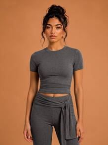 Never me Women's 2pcs Short Sleeve T-Shirt And Sports Long Pants Set, Round Neck Top And High Waist Drawstring Flare Pants - Grey - View 5