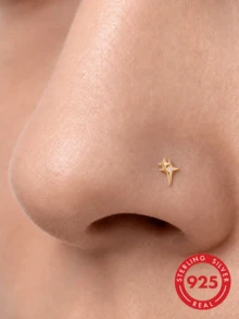 1Pc 925 Sterling Silver Four‑Pointed Star CZ Nose Stud Flat Back Hypoallergenic Body Cartilage Piercing Jewelry For Women Men Daily Wear & Gifts - Gold - View 1