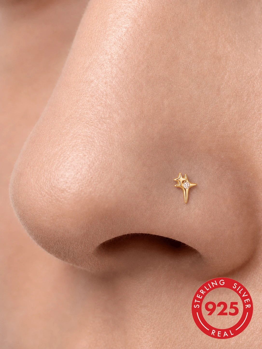 1Pc 925 Sterling Silver Four‑Pointed Star CZ Nose Stud Flat Back Hypoallergenic Body Cartilage Piercing Jewelry For Women Men Daily Wear & Gifts - Gold - View 1