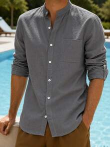 Men's Grey Linen Blend Shirt, Chinese Collar, Front Button Closure, Chest Pocket, Casual Long Sleeve, Summer Beach Top - Grey - View 1