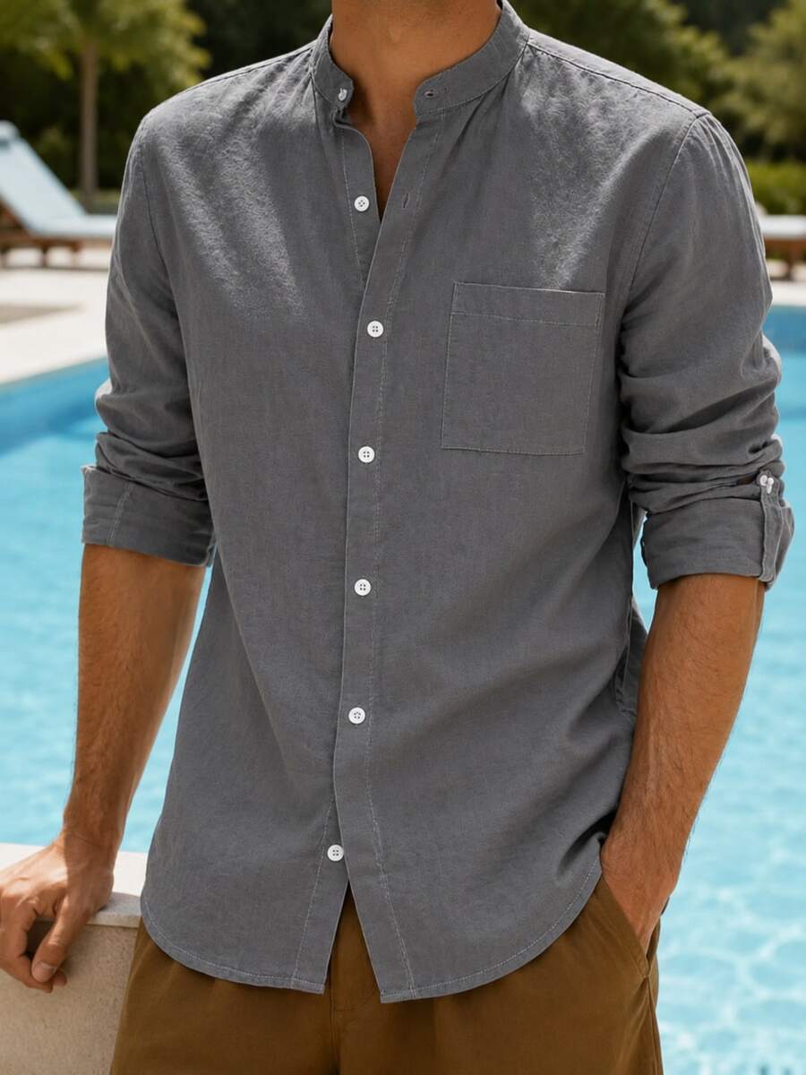 Men's Grey Linen Blend Shirt, Chinese Collar, Front Button Closure, Chest Pocket, Casual Long Sleeve, Summer Beach Top - Grey - View 1