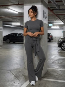 Never me Women's 2pcs Short Sleeve T-Shirt And Sports Long Pants Set, Round Neck Top And High Waist Drawstring Flare Pants - Grey - View 8