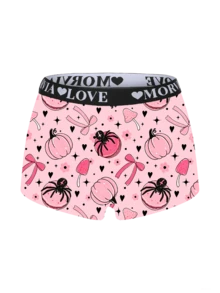 Dircho 1pc Women Pink Pumpkin Spider Bow All Over Print Boyshort Panties, Letter Elastic Waistband, Soft Skin-Friendly Non-Roll Underwear - Multicolor - View 5