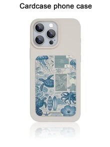 1件裝時尚創意全螢幕藍色海龜水母貝殼花卉圖案 TPU 防摔手機殼，附卡夾，節日禮物，適用於 Apple 11 12 13 14 15 16 Pro/Pro Max/14 15 16 Plus/17/17 Pro - 彩色 - 查看 1
