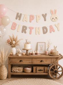 1pc Felt Happy Birthday Banner, Rabbit Letter Garland, Pink & Beige Birthday Bunting, Suitable For Girls 1st Birthday, Baby Shower, Easter Party, Nursery Decor, Dessert Table Backdrop - E - View 3