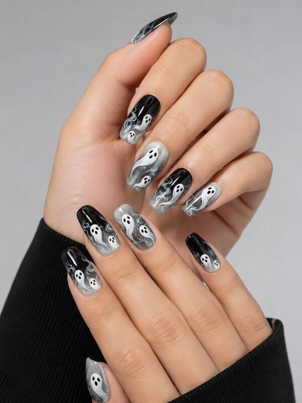 24pcs Long T-Shaped Ghost Nails, Halloween Gradient Cartoon Ghost Press-On Nail Tips