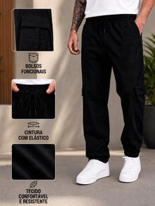 Calça cargo Oversized masculina com e leve comprida solta casual cordão cintura streetwear skate unissex conforto Longa confortável - Jeans Estonado - Visão 8