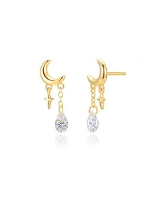 S925 Sterling Silver Moon Star Teardrop Zirconia Drop Earrings, 18K Gold Plated Tassel Jewelry With Gift Box For Women - Gold - View 7