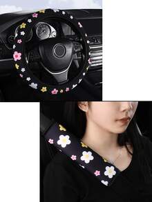 Car Steering Wheel Cover With Printed Pattern, No Inner Ring, Shoulder Pad Set, Fresh Colorful Ditsy Floral Print Car Interior Set, Sweet Girl Style, Soft And Comfortable Car Interior Accessories Set - A - View 11