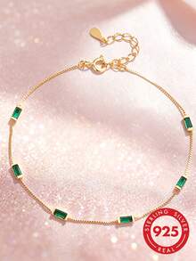 1pc S925 Sterling Silver Minimalist Ins Cold Style Elegant Green Geometric Square Diamond Bracelet, Fashionable Luxury Niche Exquisite Personalized High-End Square Green Diamond Box Chain, Versatile Jewelry Holiday Gift - Square - View 9
