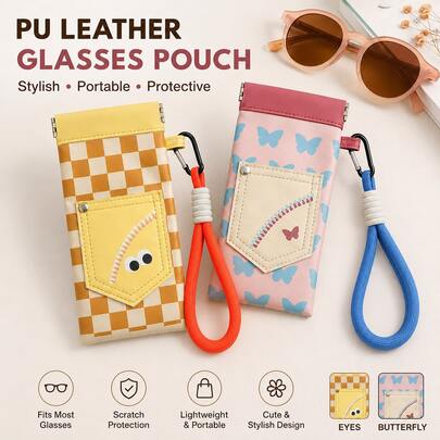 Cute PU Leather Glasses Storage Bag With Wrist Strap, Portable Glasses Case, Checkerboard Eye & Butterfly Print Eyewear Storage Box, Suitable For Travel And Daily Use