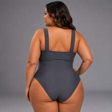 Elegant Women's Sleeveless Plus Size Swimsuit, Regular Length, One-Piece Design With A Twisted Detail At The Front And Slight Stretch For Casual Wear. - 灰色 - 查看 3