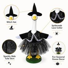 1 Stück Halloween Hexen Veranda Gans Outfit, schwarzer Hut & Spinnennetz Spitze Tüll Kleid, saisonale Kostüm Dekoration für Veranda Gans Statue, Outdoor Garten Party Dekoration, Gans nicht enthalten - Spitzen-Gans-Kostüm im Spinnennetz-Design - Übersicht 4