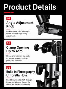 1 buah Penjepit Reflektor Fotografi, Braket Dudukan Lampu Berbentuk U dengan Lubang Payung, Mendukung Ayunan Kiri-Kanan 180° dan Rotasi 360°, Termasuk Sekrup Adaptor 1/4" ke 3/8", Cocok untuk Softbox, Lampu Pengisi, Pencahayaan Softbox, Dudukan, Fotografi Produk, Live Streaming, Perekaman Video, dan Pengaturan Pencahayaan Studio - View 7