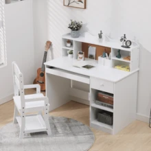 Escritorio Infantil de Estudio con Silla Ajustable – Blanco, con Estante, Panel Corcho y Bandeja – Mesa Escolar para Tareas y Aprendizaje (Niños 3–12 Años) - Blanco - Ver 3