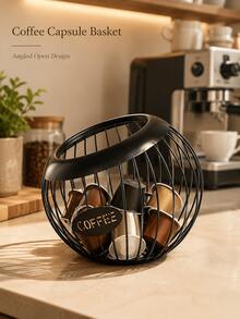 Coffee Capsule Storage Basket - Black Wrought Iron Coffee Capsule Basket; Exquisite Home Decor Item With "COFFEE" Letter Design And Large Capacity; Perfect Countertop Organizer For Home Kitchen And Coffee Station Decoration. - Multicolor - View 1