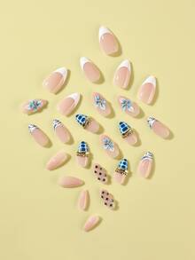24pcs French White Fake Nails 3D Flowers Press On Nails Zebra Stripes Nails Art Medium Fake Nails Almond Shape Nails Press On Manicure Set Includes 1sheet Adhesive Tabs & 1pc Nail File Suitable For Everyday Wear - Multicolor - View 3
