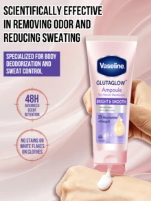 Vaseline 凡士林絲滑亮白止汗精華液 45ml，輕盈不油膩凝膠質地，含穀胱甘肽、膠原蛋白及維生素C&E，衣物無殘留。三維除臭系統，腋下亮白修護 - 滑嫩勻亮 - 查看 3