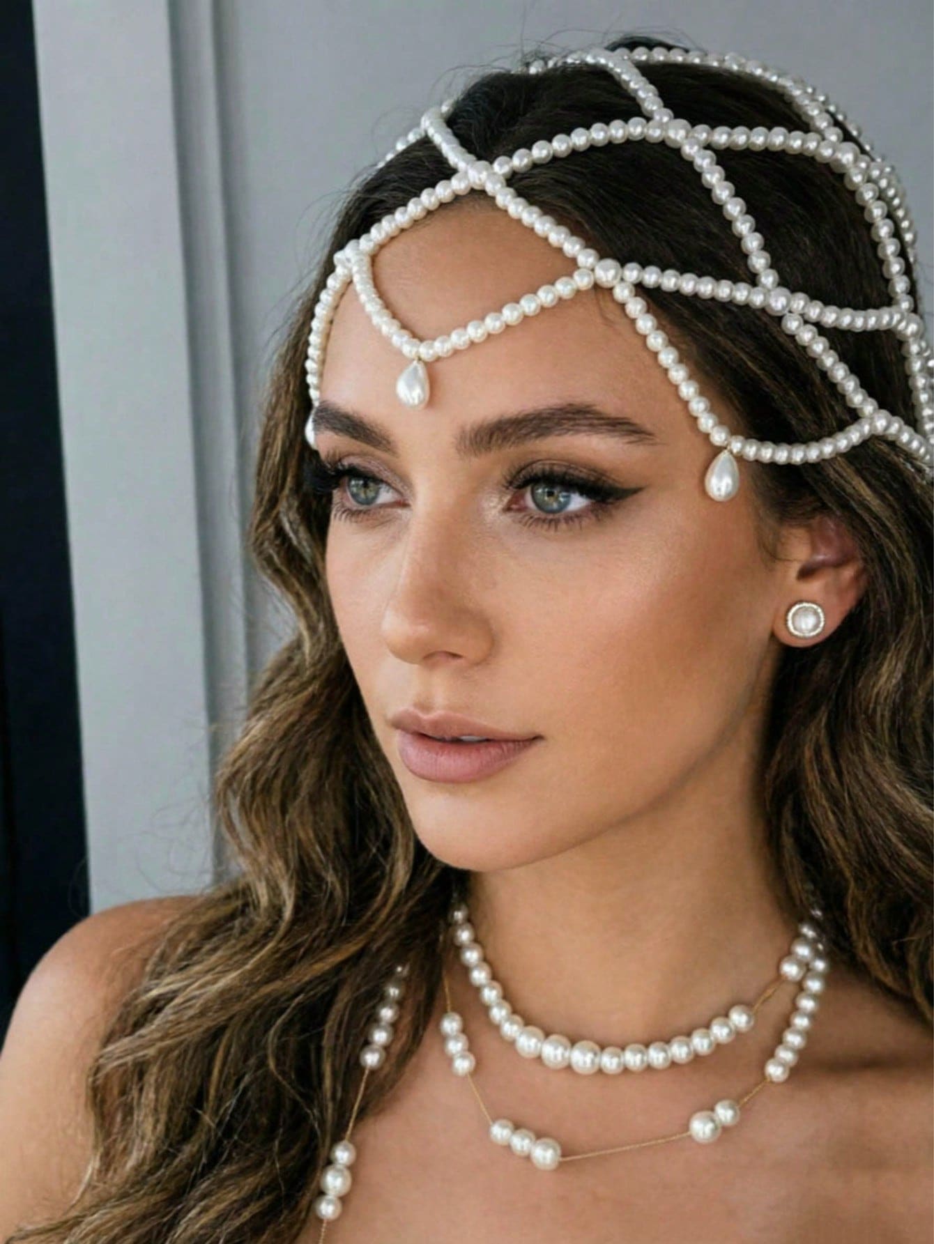 1 Peça Tiara de Noiva Vintage com Pérola Falsa em Formato de Gota d'Água, Acessório de Passarela Feito à Mão com Contas, Ornamento de Cabelo de Malha da Moda - Branco - Visão 1