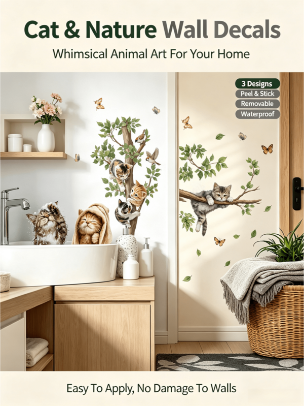 Popular Cute Kitten Wall Stickers, Waterproof, Easy To Wipe Off, Peel Off Without Leftover Glue. Suitable For Arranging On Bathroom And Bedroom Doors, Perfect For Rustic Or Forest-Style Bedrooms And Pet-Themed Home Makeover Walls.