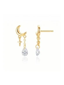 S925 Sterling Silver Moon Star Teardrop Zirconia Drop Earrings, 18K Gold Plated Tassel Jewelry With Gift Box For Women - Gold - View 4