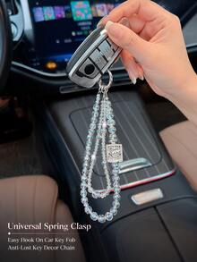 Iridescent Crystal Bead Keychain, Rhinestone Perfume Bottle Pendant With Double-Strand Bead Chain, Universal Car Rearview Mirror, Keychain, Handbag And Phone Case Accessory, Luxury Sweet Women's Decorative Gift - A - View 5