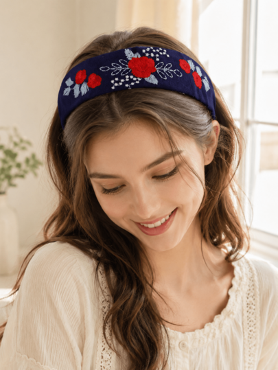 1pc Navy Blue Floral Embroidered Headband For Women Vintage Leaf Flower Hair Wrap Cottagecore Retro Hair Band For Daily Party Women Hair Accessory