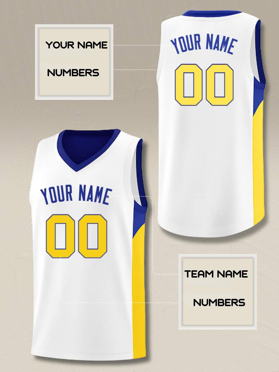 Personalized Men Basketball Tank Top Custom Team Name Numbers Yellow Blue Retro Sporty Casual College Uniform Kit Hip Hop Streetwear Wear - White - View 1