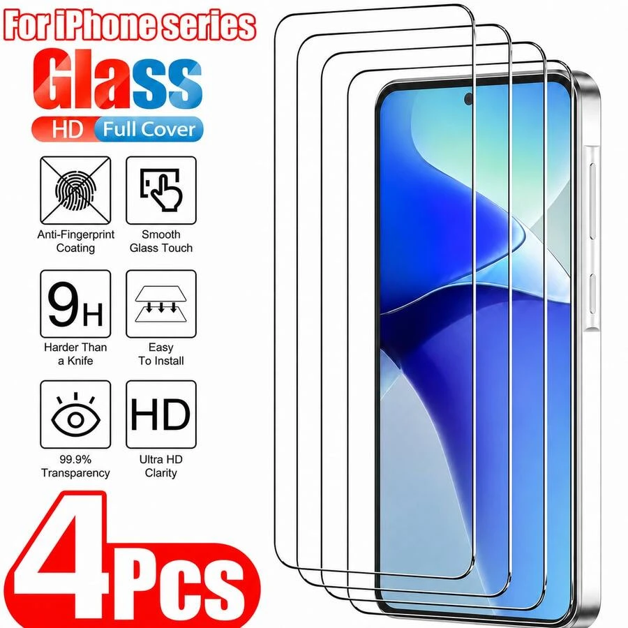 CASECOPS 4pcs High-Definition Tempered Glass Screen Protector, Includes Installation Tool Kit, Compatible With IPhone 17 Pro Max (6.9 Inch), 17 Pro/17 Air/17/17e, 16 Pro Max/16 Pro/16 Plus/16/16e, 15 Pro Max/15 Pro Max/15 Plus/15, 14/13/12/11/X Series And Other Models. Made Of High-Definition Tempered Tough Glass, High Transparency, High Light Transmission. Scratch-Resistant, Oil-Resistant, Fingerprint-Resistant, Dust-Resistant, Full Coverage, Bubble-Free Installation, Easy To Install, Compatible With Various Phone Cases. Essential Screen Protection, Suitable For Daily Use, Office, Home Environment.