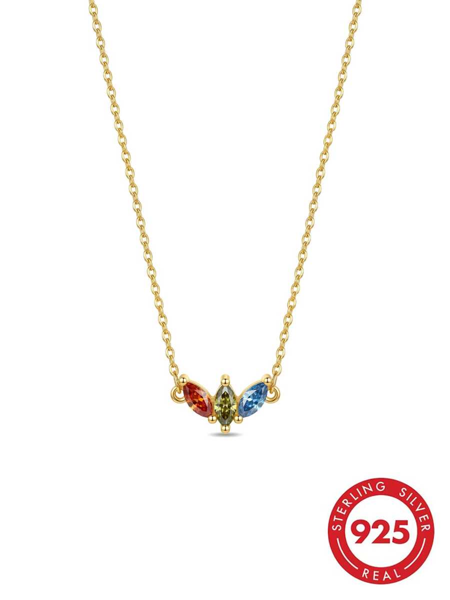 S925 Sterling Silver Three Color CZ Leaf Pendant Necklace, 18K Gold Plated Jewelry With Gift Box For Women Daily Wear - Gold - View 1