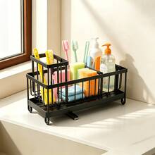 1pc 28*14*18cm Sponge Drain Rack, Rust-Proof Iron Material, Modern Minimalist Black Rectangular Countertop Storage Rack, With Detachable Drip Tray, For Storing Sponges, Pot Brushes And Dish Soap, Suitable For Kitchen Sink Daily Home Use - M - View 4