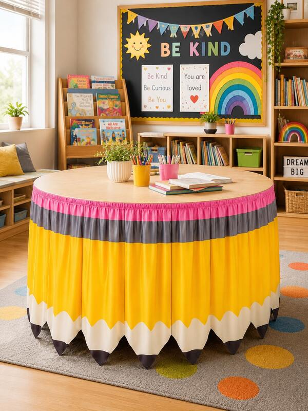 1 pieza Falda de mesa gigante con diseño de lápiz amarillo para regreso a clases, cortina de escritorio con estampado de lápiz a rayas, decoración de aula para maestros, falda de mesa para fiesta de primer día de jardín de infancia y escuela primaria y fiesta de agradecimiento al maestro