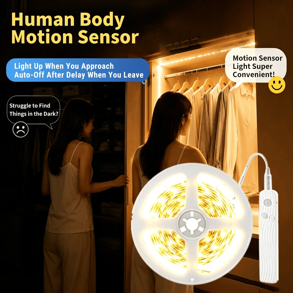 Motion Sensor LED Strip Light, 16.4FT Battery Operated PIR Infrared Motion Night Light For Wardrobes, Cabinets, Bedside & Stairs, Auto On/Off Hands-Free Lighting With Adjustable Timer (Batteries Not Included) - Motion Sensor Light Strip - View 1