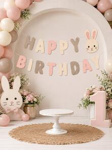 1pc Felt Happy Birthday Banner, Rabbit Letter Garland, Pink & Beige Birthday Bunting, Suitable For Girls 1st Birthday, Baby Shower, Easter Party, Nursery Decor, Dessert Table Backdrop - E - View 6