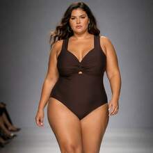 Elegant Women's Sleeveless Plus Size Swimsuit, Regular Length, One-Piece Design With A Twisted Detail At The Front And Slight Stretch For Casual Wear. - 鏽棕色 - 查看 3