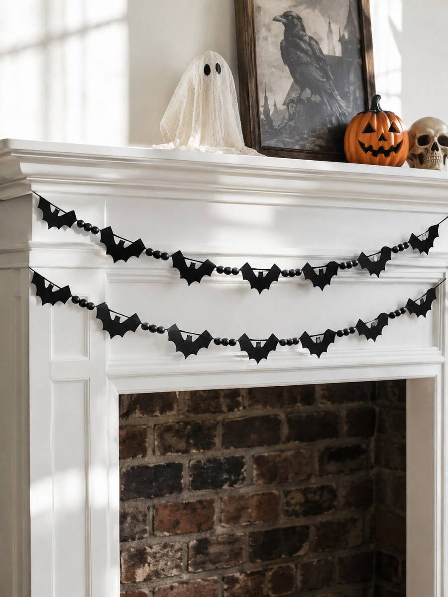 1 pezzo Ghirlanda di perline a forma di pipistrello nero per Ognissanti, banner da appendere al camino, decorazione con silhouette di pipistrello spettrale, ghirlanda di perline, stile gotico e rustico, per camino, mobile, finestra, interno, decorazione stagionale per le vacanze, ornamento da parete, per festa di Ognissanti, dolcetto o scherzetto, accessorio fotografico, decorazione per la casa, regalo