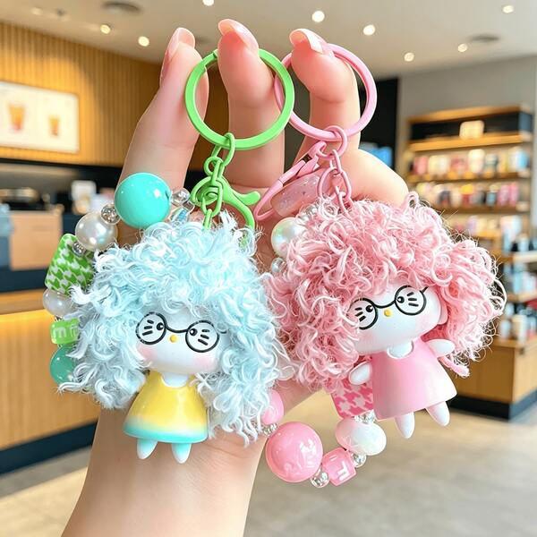 1pc Cute Fluffy Resin Keychain, Holiday Essential Bag Charm, Cute Big Wave KT Cat Car Key Chain Ring, Unique Design Suitable For Daily Use, Perfect Gift Choice For Women And Girls, Universal Bag Charm