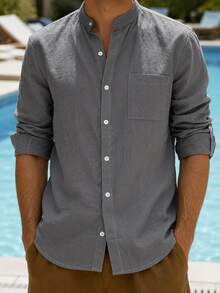 Men's Grey Linen Blend Shirt, Chinese Collar, Front Button Closure, Chest Pocket, Casual Long Sleeve, Summer Beach Top - Grey - View 2