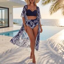 Nuevo conjunto de traje de baño de 3 piezas de estilo vacacional para mujer, con chaqueta de malla de cintura alta con estampado de hoja de arce, bikini triangular y prendas de vestir que estilizan la figura - Azul - Ver 3
